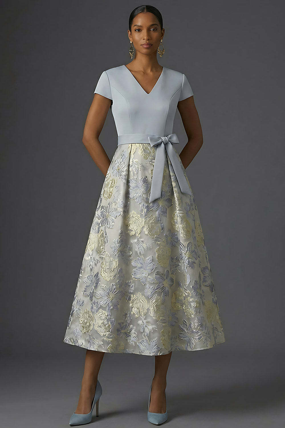 Leely Women Jacquard A Line Floral Dusty Blue Long Formal Dress V Neck Short Sleeves Wedding Guest Dress with Bow