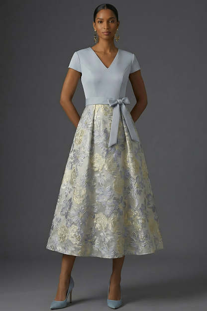 Leely Women Jacquard A Line Floral Dusty Blue Long Formal Dress V Neck Short Sleeves Wedding Guest Dress with Bow