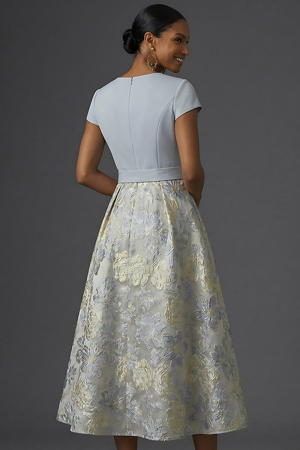 Jacquard A Line Floral Dusty Blue V Neck Long Formal Dress