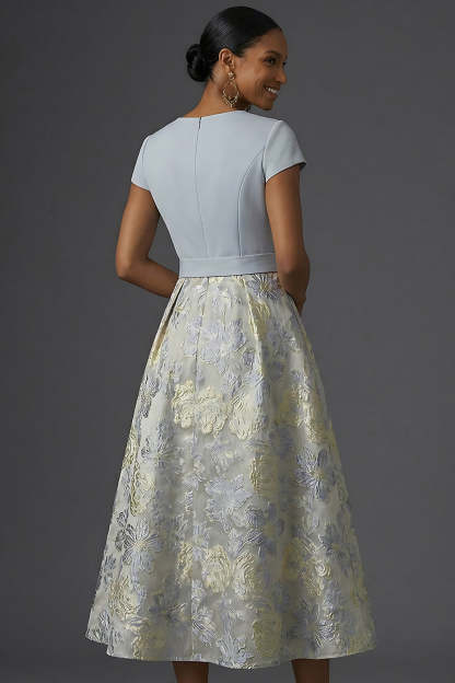 Jacquard A Line Floral Dusty Blue V Neck Long Formal Dress