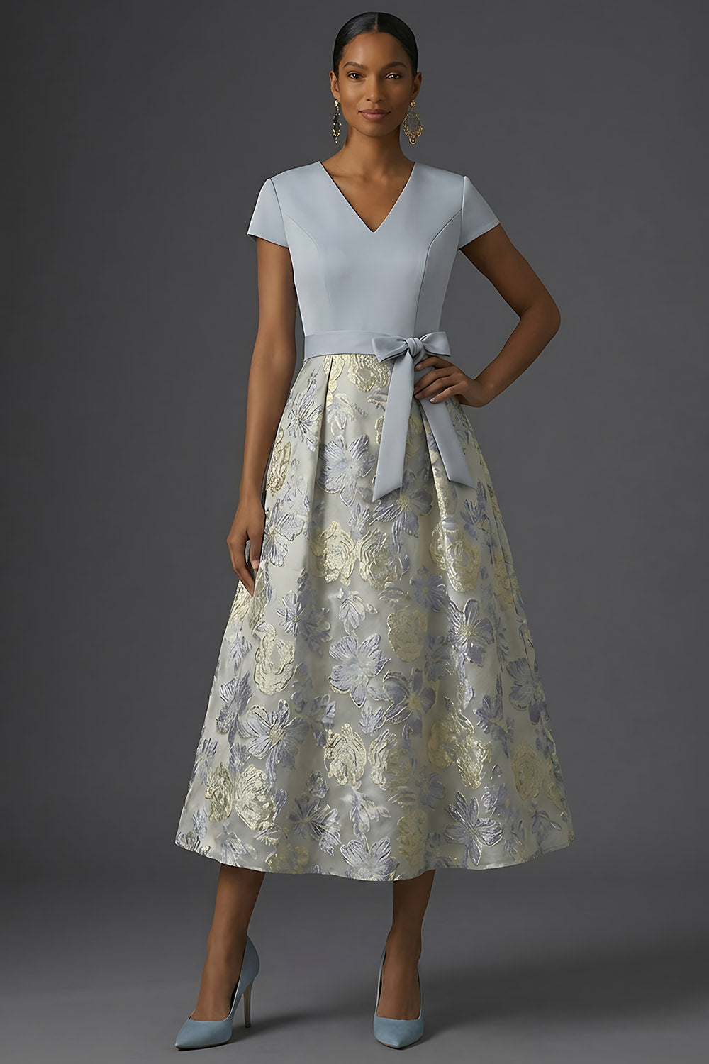 Jacquard A Line Floral Dusty Blue V Neck Long Formal Dress