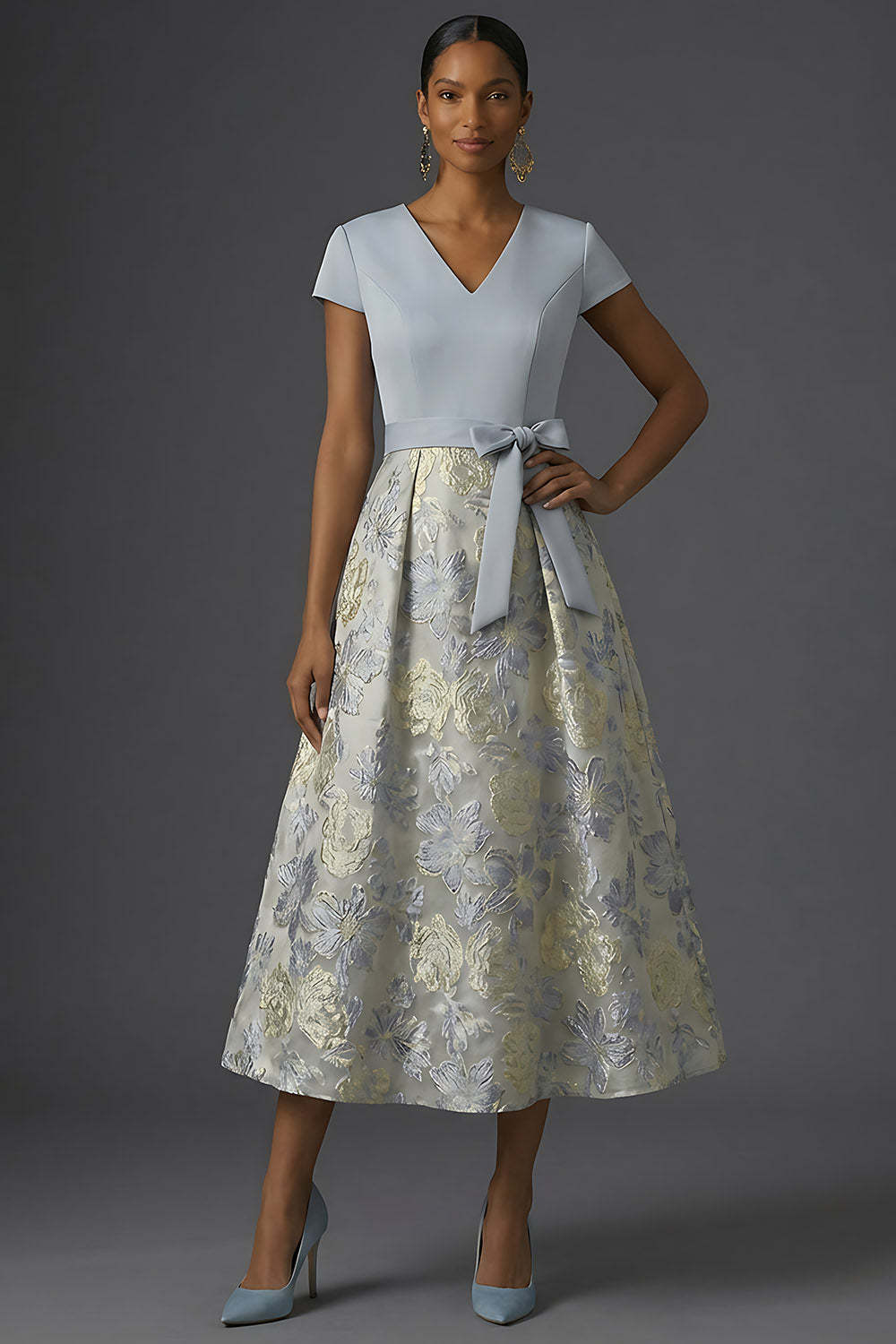 Jacquard A Line Floral Dusty Blue V Neck Long Formal Dress