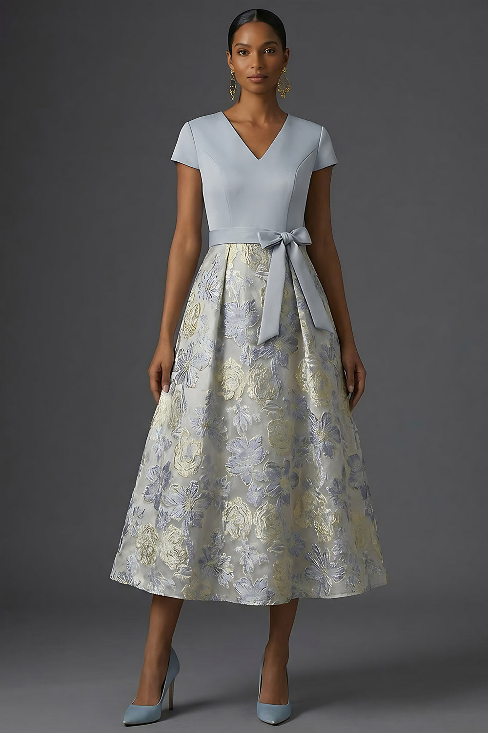 Jacquard A Line Floral Dusty Blue V Neck Long Formal Dress