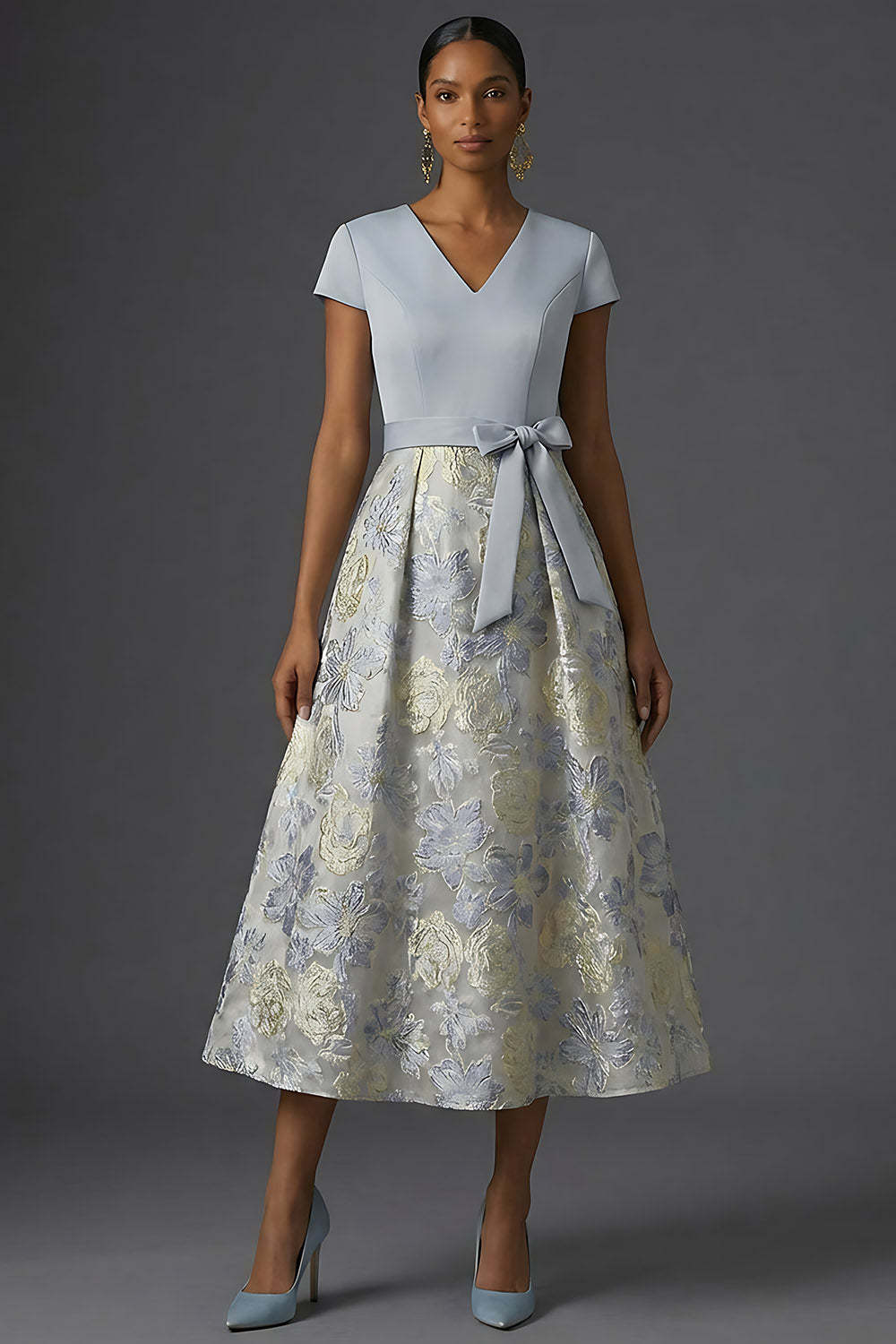 Jacquard A Line Floral Dusty Blue V Neck Long Formal Dress