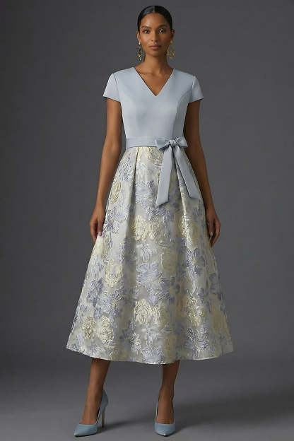 Jacquard A Line Floral Dusty Blue V Neck Long Formal Dress