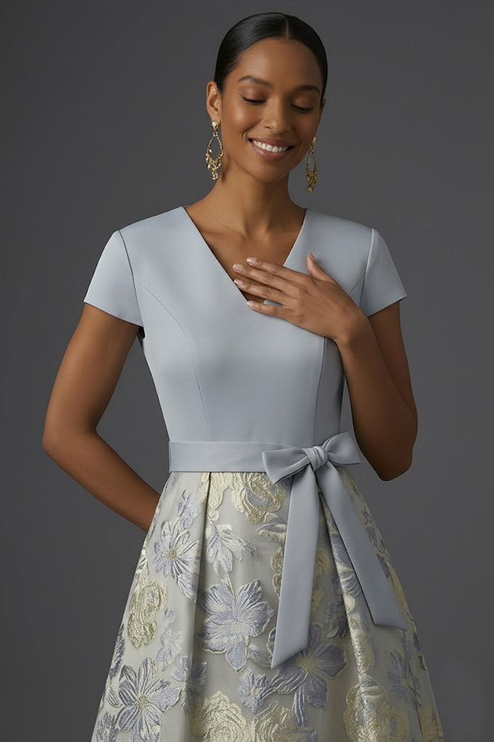 Jacquard A Line Floral Dusty Blue V Neck Long Formal Dress