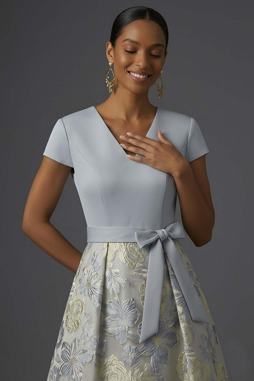 Jacquard A Line Floral Dusty Blue V Neck Long Formal Dress