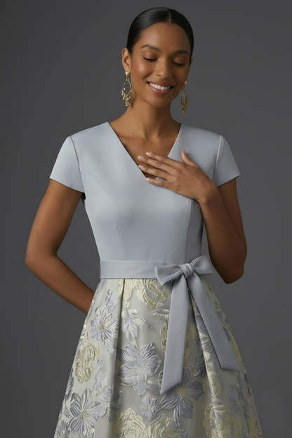 Jacquard A Line Floral Dusty Blue V Neck Long Formal Dress