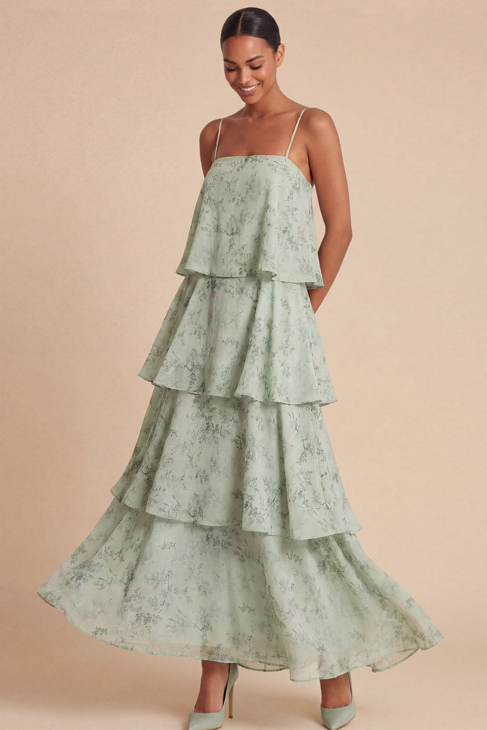 Leely Women Green Tiered Ruffled Floral Long Wedding Guest Dress Spaghetti Straps Sleeveless Backless Garden Party Dress
