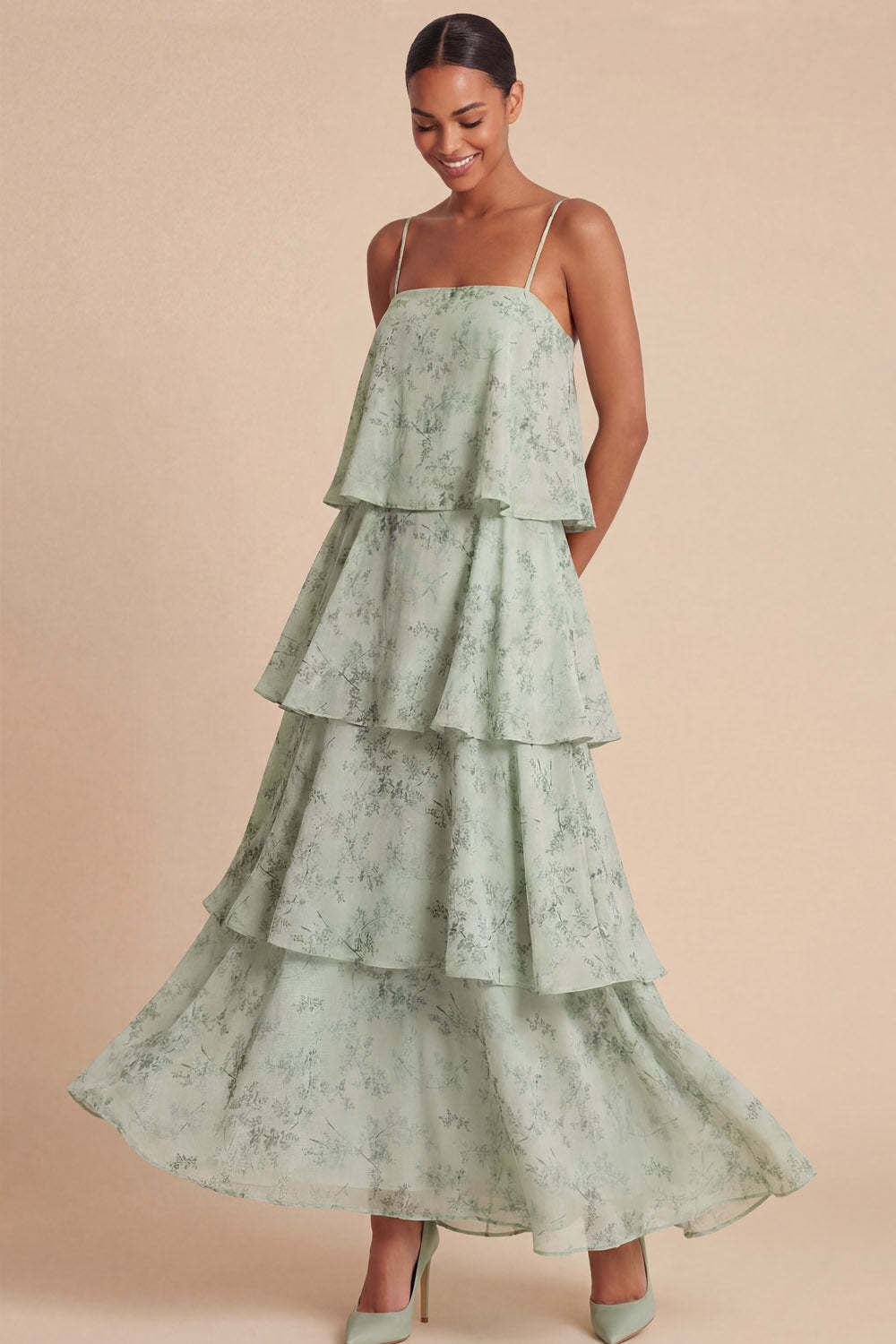 Leely Women Green Tiered Ruffled Floral Long Wedding Guest Dress Spaghetti Straps Sleeveless Backless Garden Party Dress