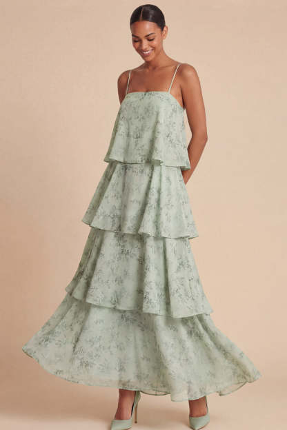 Leely Women Green Tiered Ruffled Floral Long Wedding Guest Dress Spaghetti Straps Sleeveless Backless Garden Party Dress