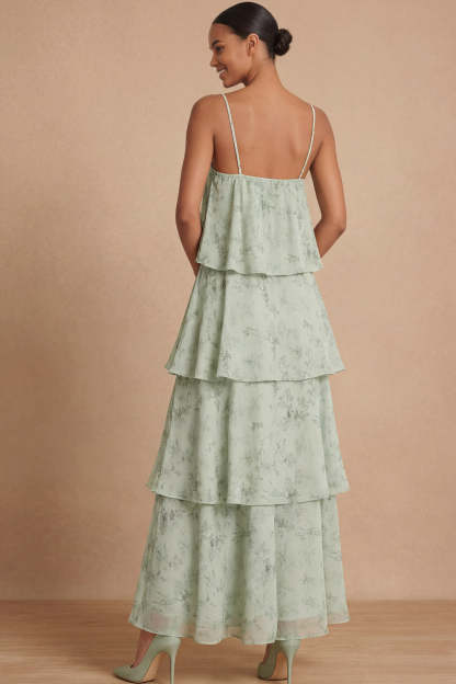 Green Tiered Ruffled Floral Spaghetti Straps Sleeveless Long Wedding Guest Dress