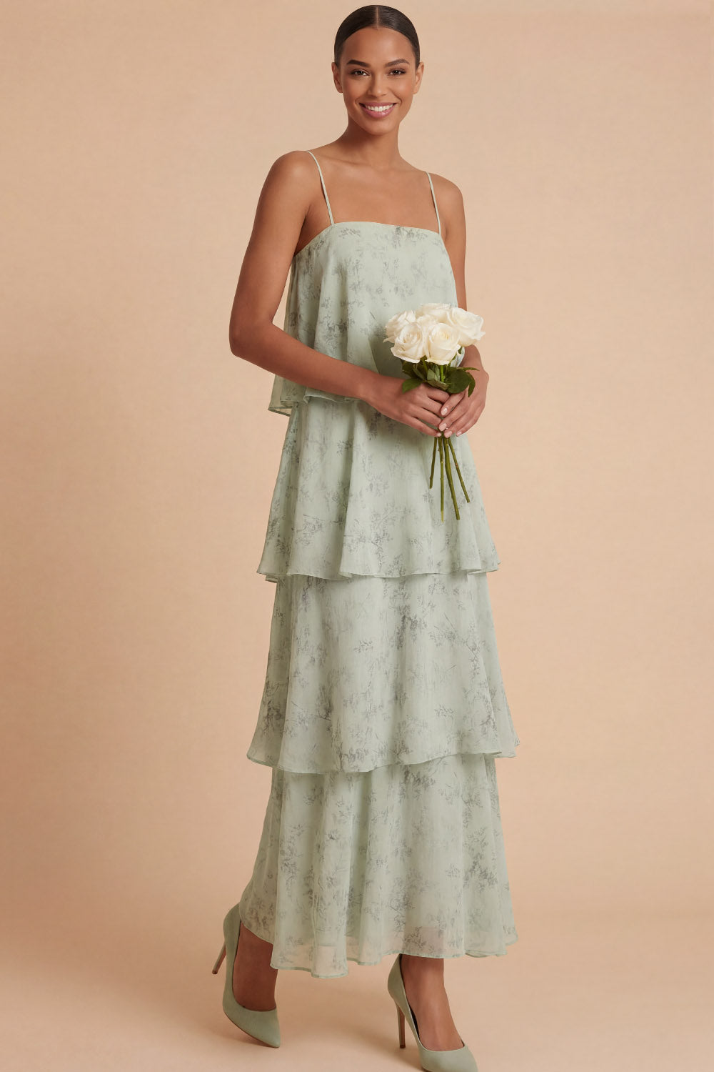 Green Tiered Ruffled Floral Spaghetti Straps Sleeveless Long Wedding Guest Dress