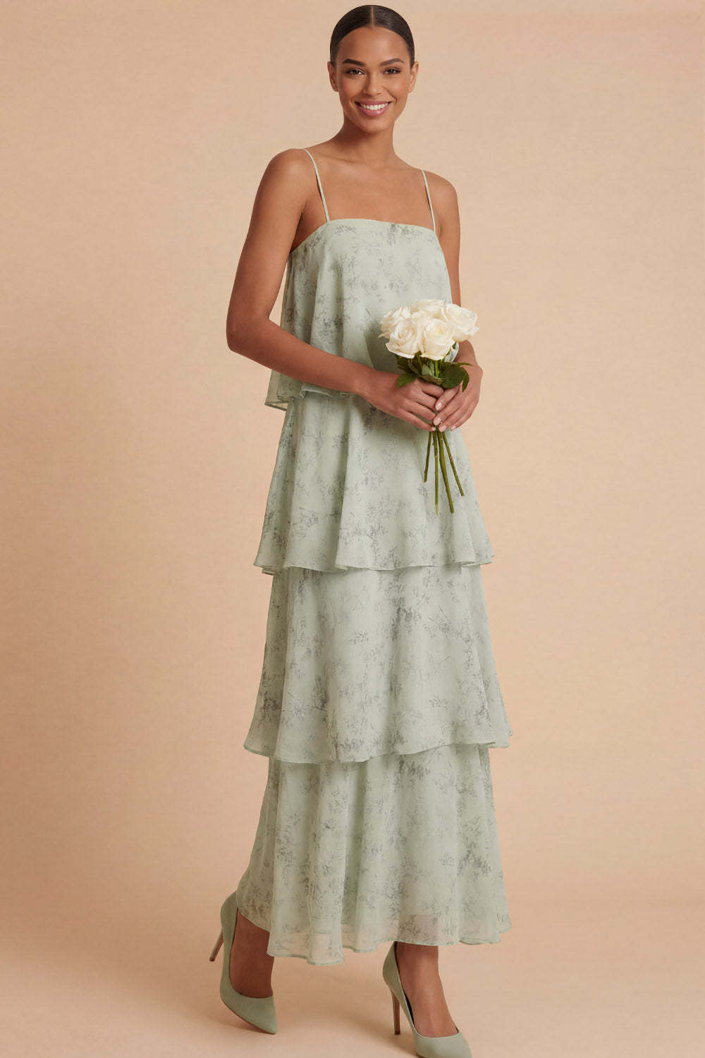 Green Tiered Ruffled Floral Spaghetti Straps Sleeveless Long Wedding Guest Dress