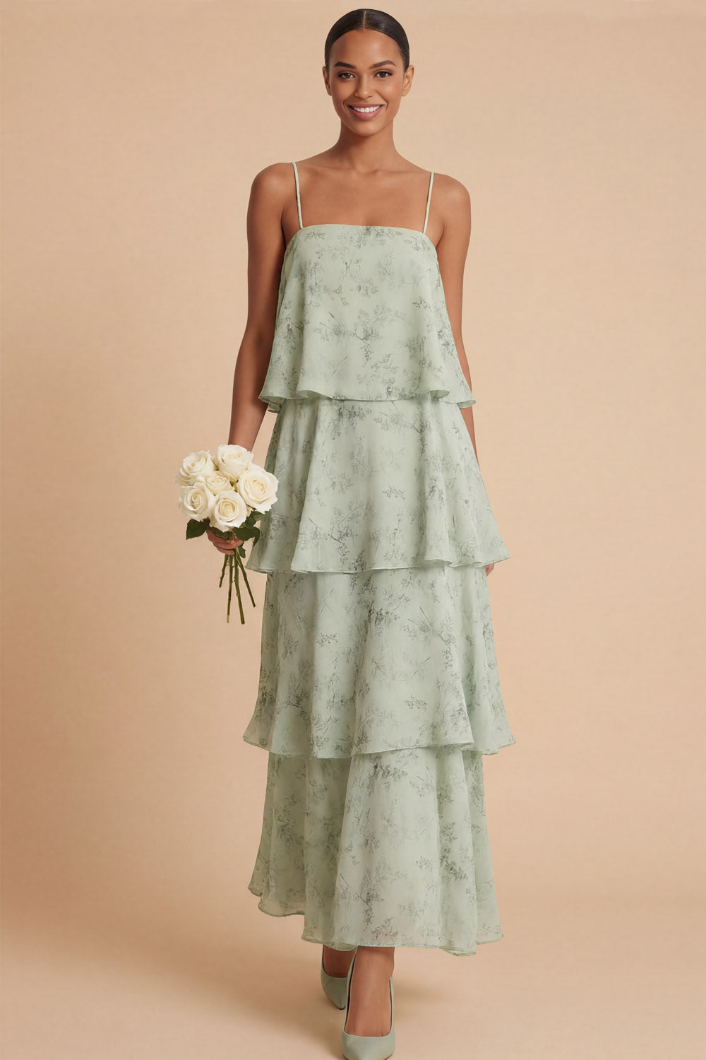 Green Tiered Ruffled Floral Spaghetti Straps Sleeveless Long Wedding Guest Dress
