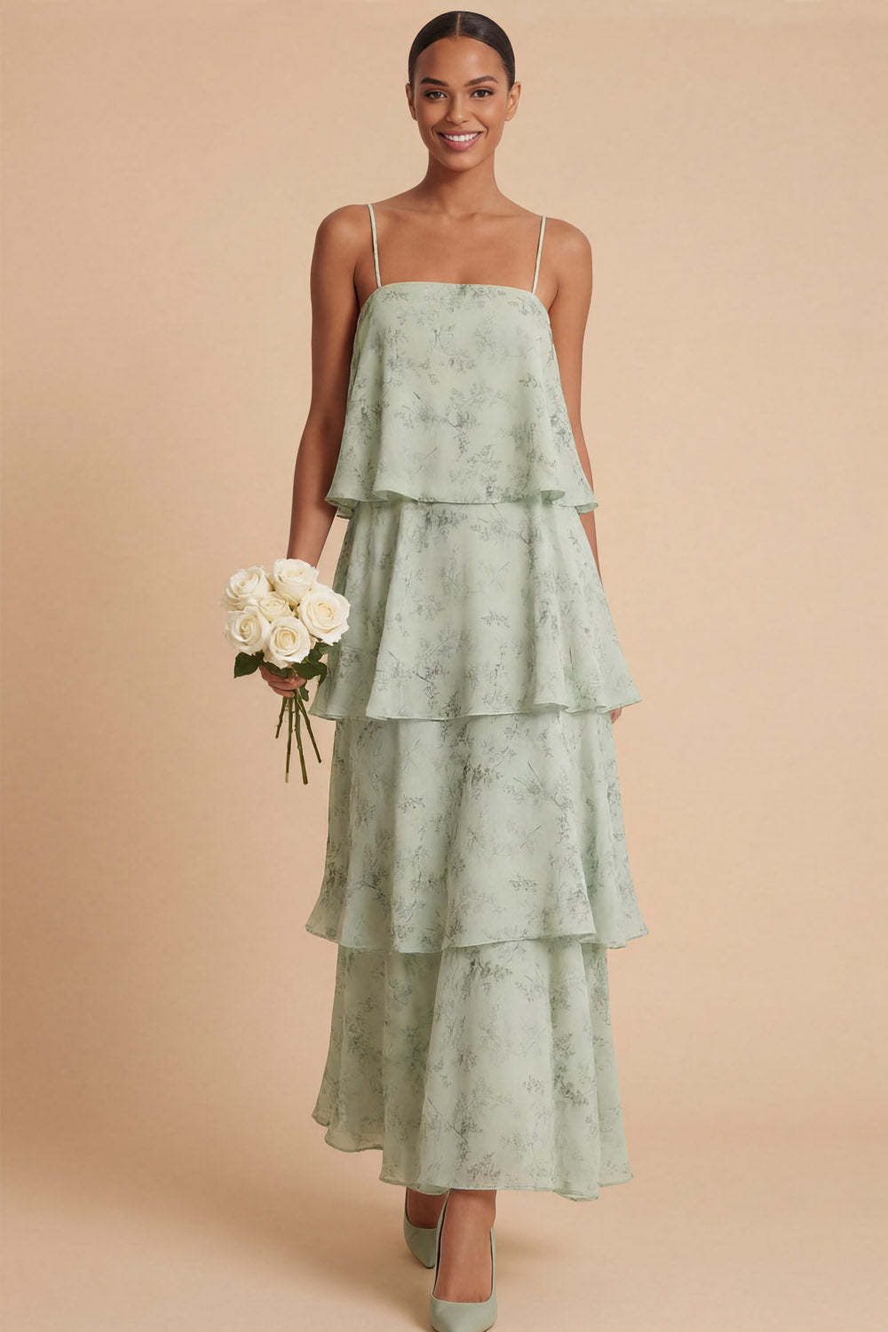 Green Tiered Ruffled Floral Spaghetti Straps Sleeveless Long Wedding Guest Dress