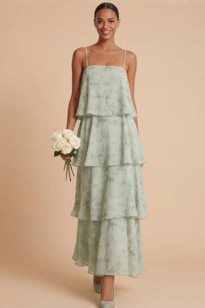 Green Tiered Ruffled Floral Spaghetti Straps Sleeveless Long Wedding Guest Dress