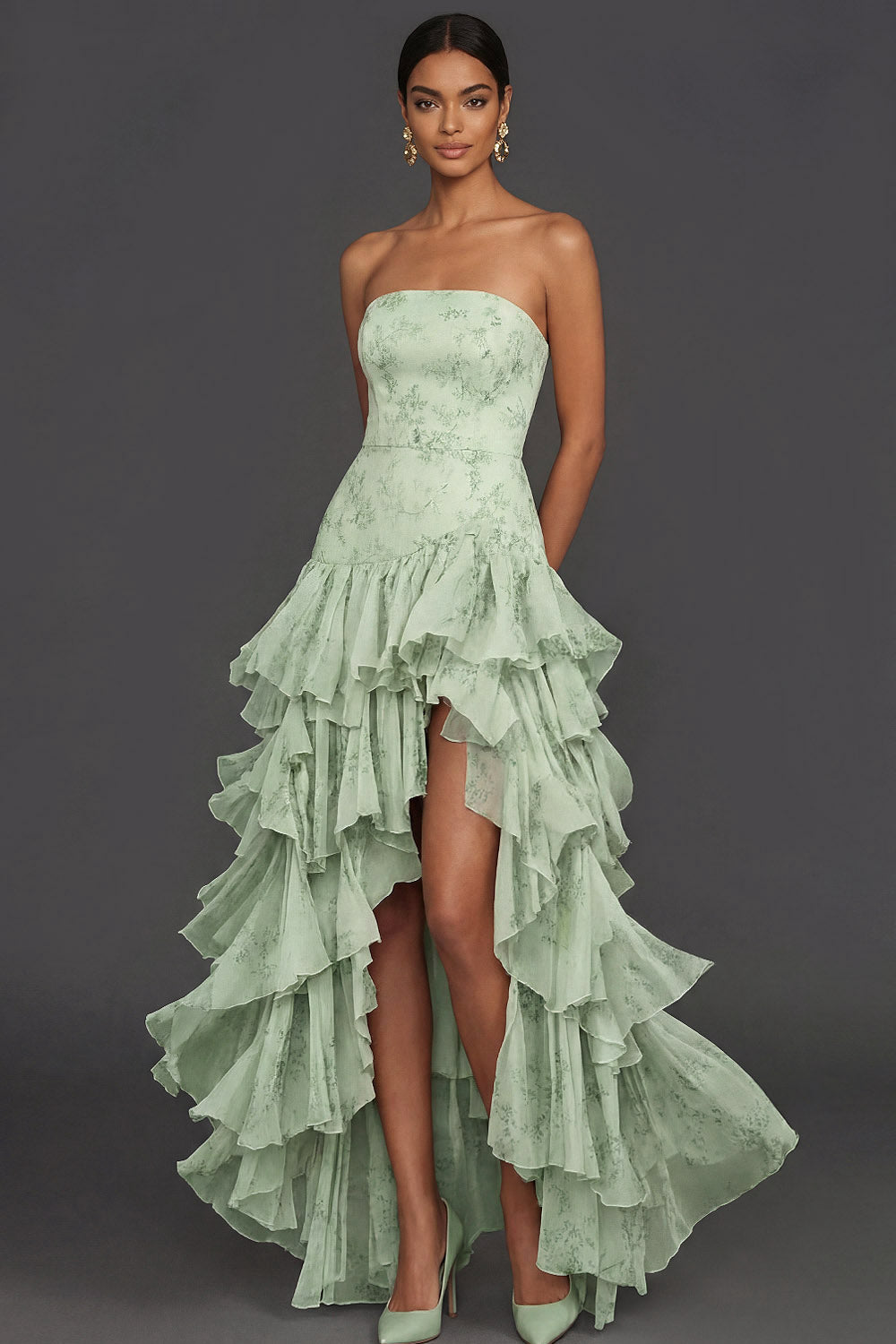 Green Tiered Ruffled Floral Strapless Wedding Guest Dress