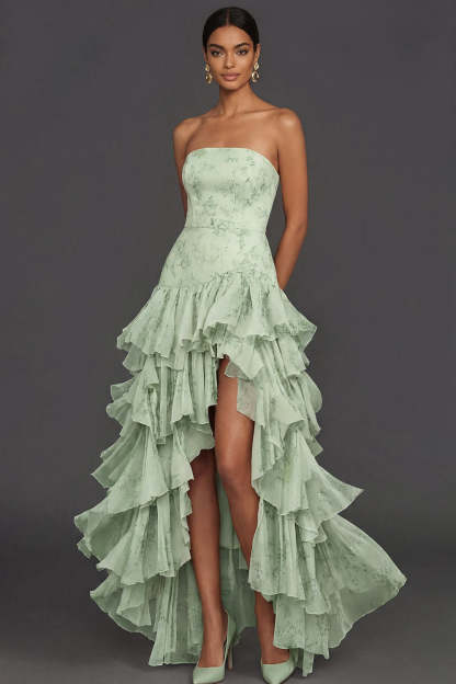 Leely Women Green Tiered Ruffled Floral Wedding Guest Dress Strapless Sleeveless Backless Garden Party Dress