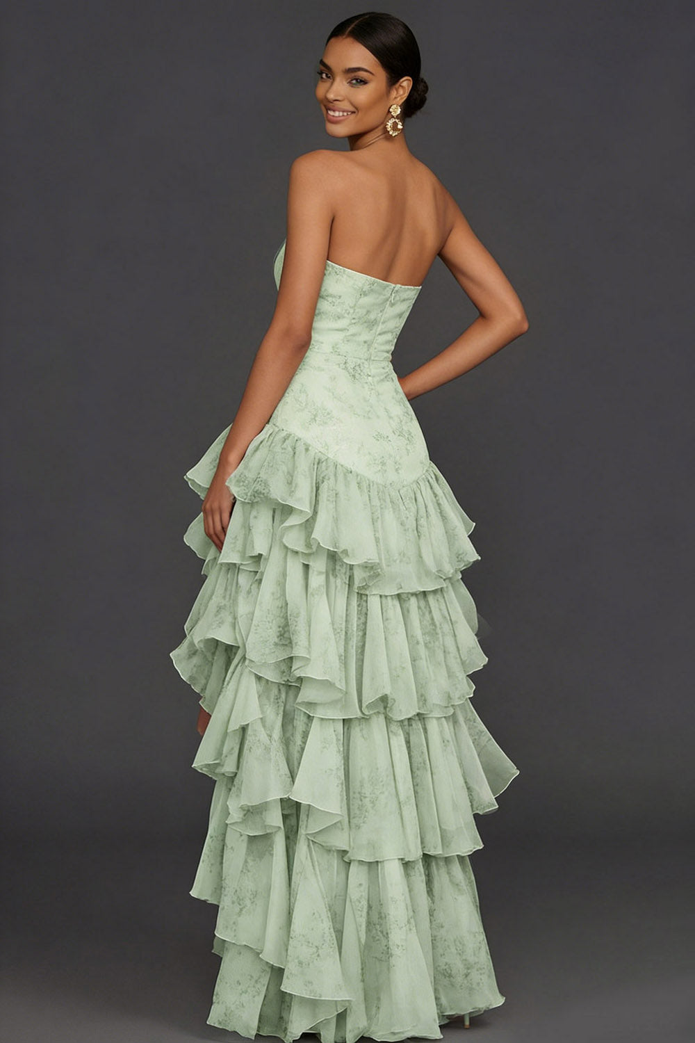 Green Tiered Ruffled Floral Strapless Wedding Guest Dress