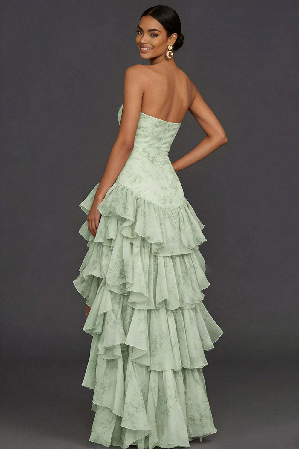 Green Tiered Ruffled Floral Strapless Wedding Guest Dress