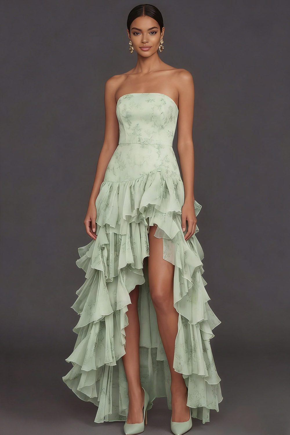 Green Tiered Ruffled Floral Strapless Wedding Guest Dress