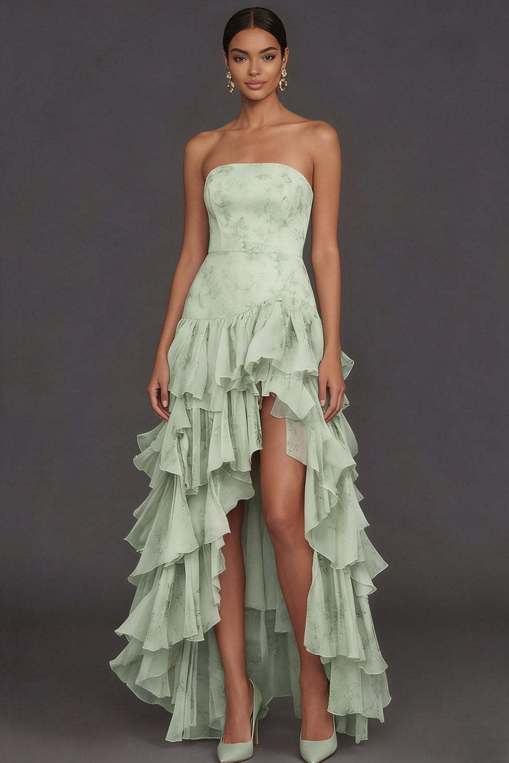 Green Tiered Ruffled Floral Strapless Wedding Guest Dress