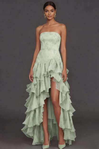 Green Tiered Ruffled Floral Strapless Wedding Guest Dress