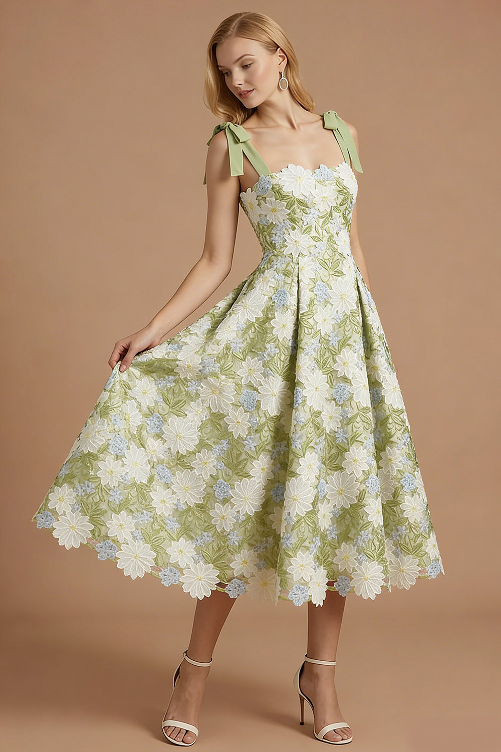 Leely Women Green Floral Sleeveless Long Prom Dress with Bow Appliqued Thick Straps Wedding Guest Dress with Bow