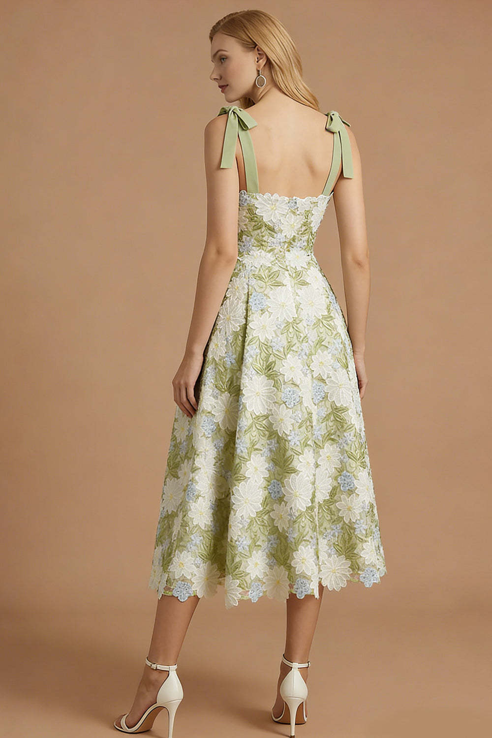 Green Floral Appliqued Thick Straps Sleeveless Long Prom Dress with Bow