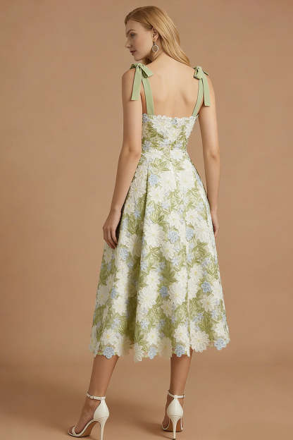 Green Floral Appliqued Thick Straps Sleeveless Long Prom Dress with Bow