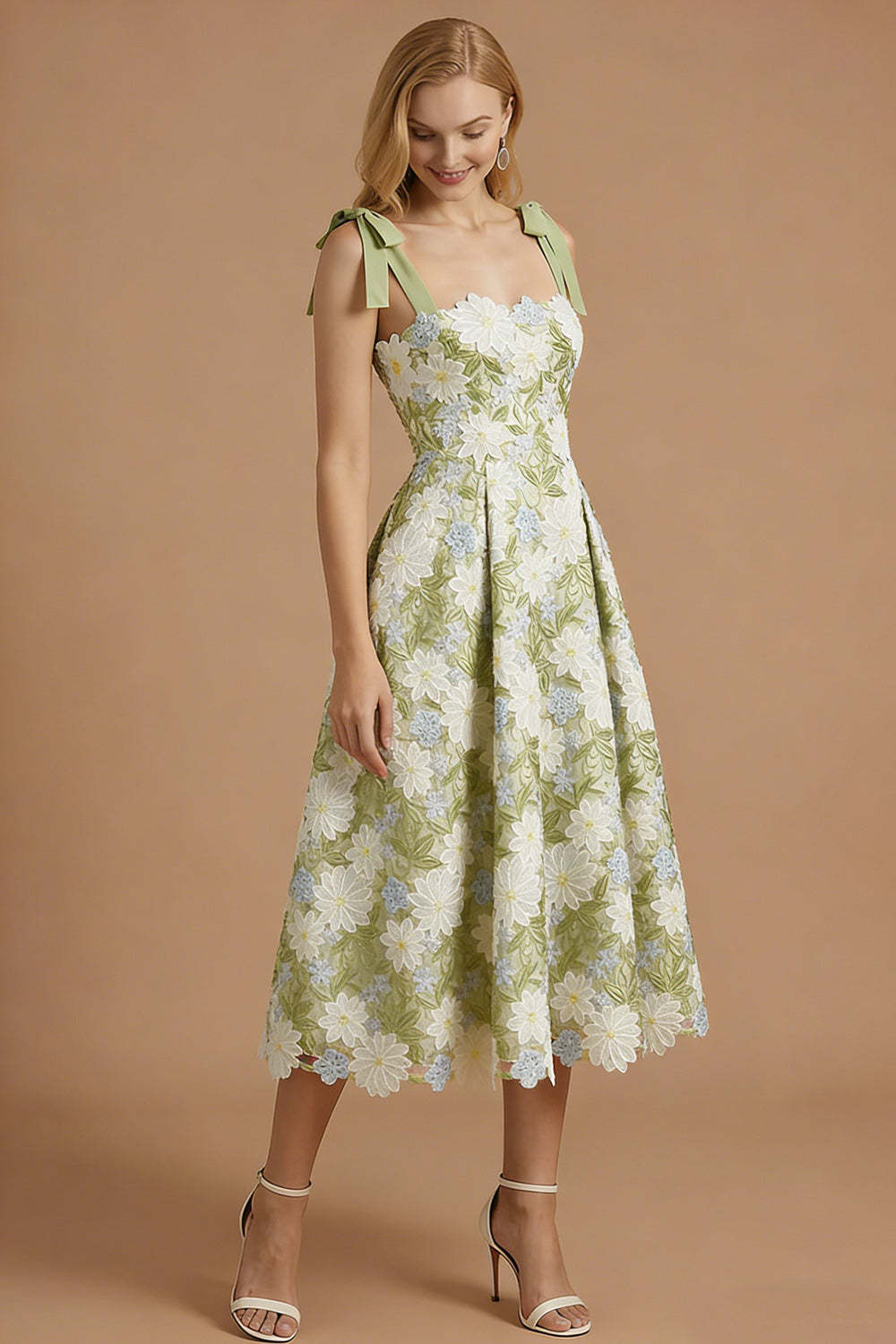 Green Floral Appliqued Thick Straps Sleeveless Long Prom Dress with Bow