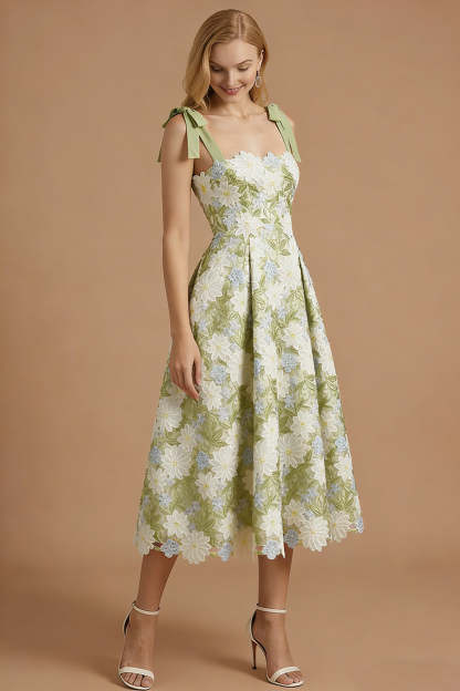 Green Floral Appliqued Thick Straps Sleeveless Long Prom Dress with Bow