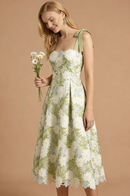 Green Floral Appliqued Thick Straps Sleeveless Long Prom Dress with Bow