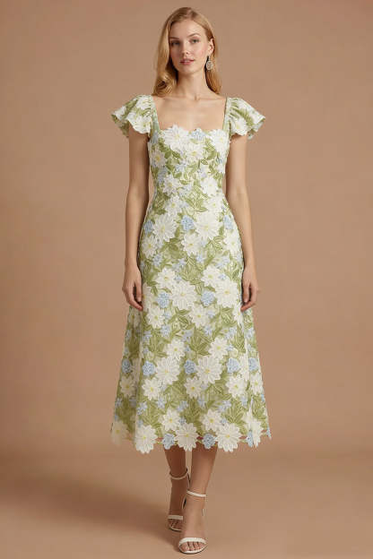 Leely Women Green Floral Appliqued Square Neck Long Prom Dress A Line Backless Flutter Sleeves Wedding Guest Dress