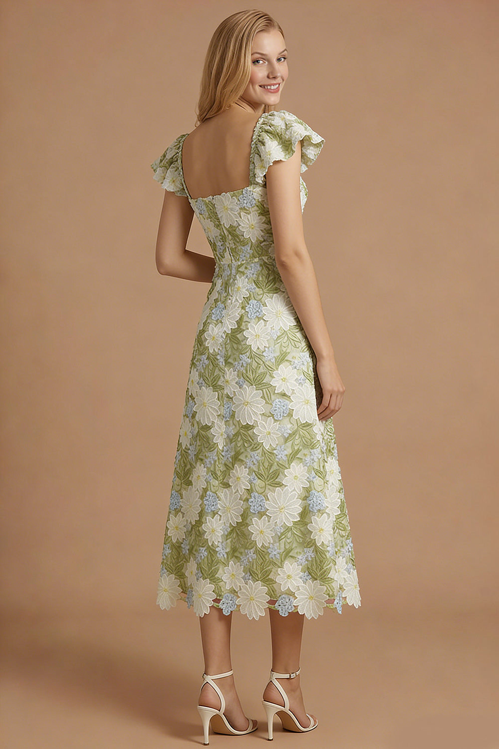 Green Floral Appliqued Square Neck Long Prom Dress