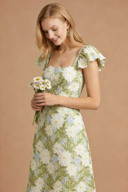 Green Floral Appliqued Square Neck Long Prom Dress