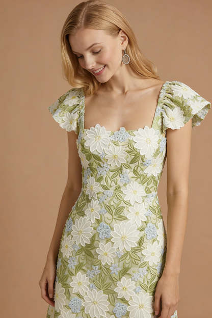 Green Floral Appliqued Square Neck Long Prom Dress