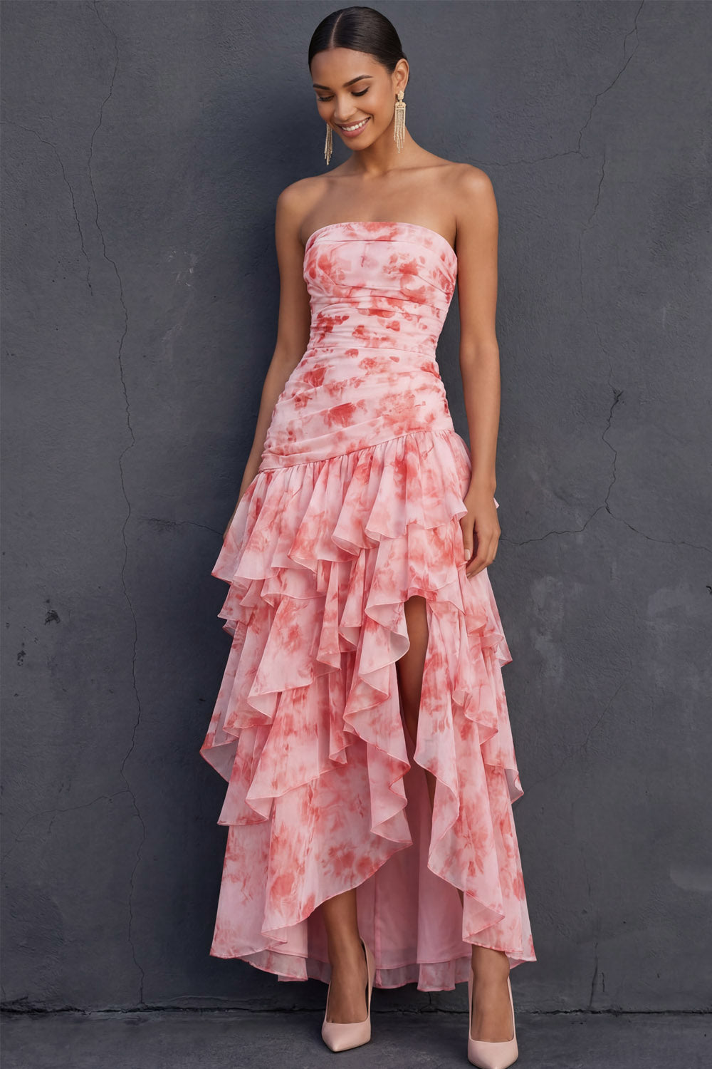 Pink Floral Ruffled Tiered Strapless Draped Long Wedding Guest Dress with Slit