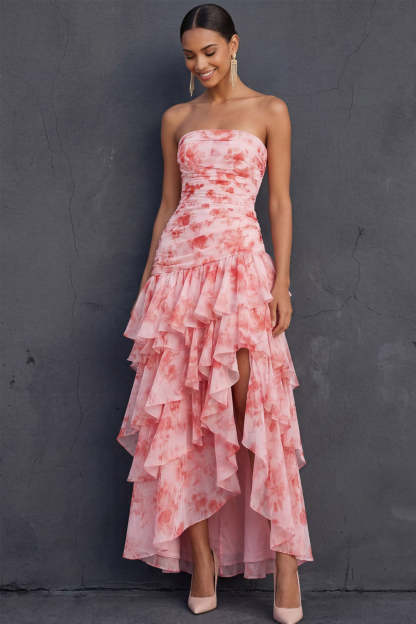 Pink Floral Ruffled Tiered Strapless Draped Long Wedding Guest Dress with Slit