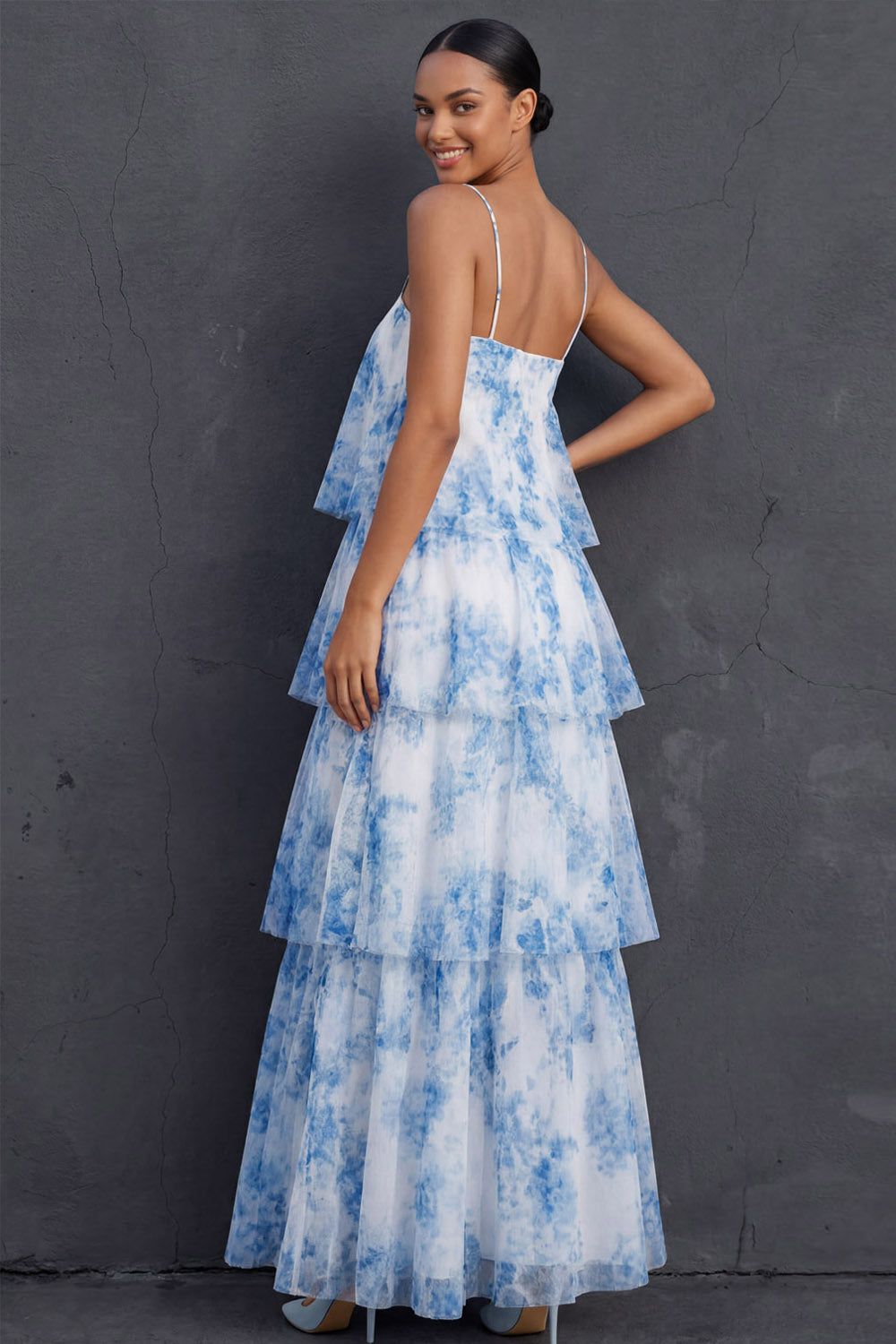 White Blue Floral Tiered Ruffled Spaghetti Straps Sleeveless Long Wedding Guest Dress