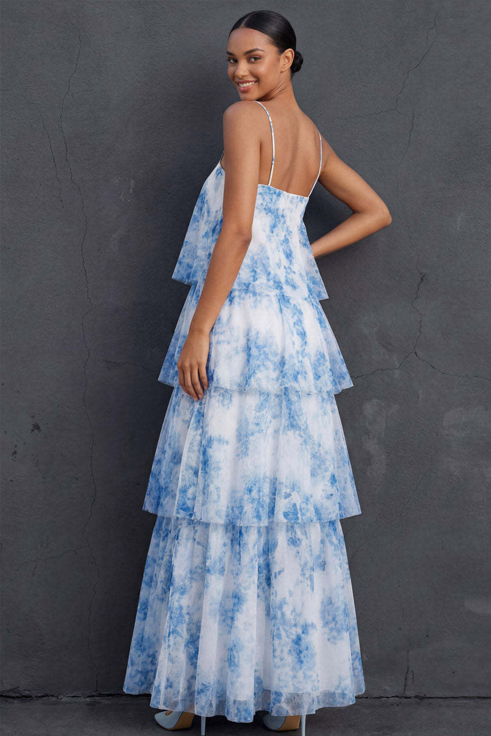 White Blue Floral Tiered Ruffled Spaghetti Straps Sleeveless Long Wedding Guest Dress