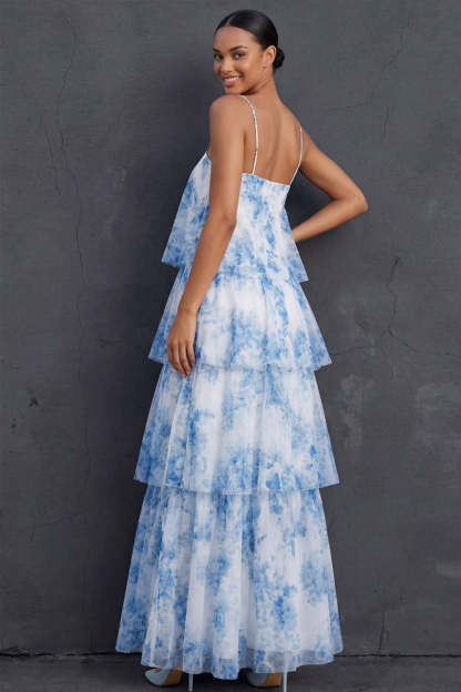 White Blue Floral Tiered Ruffled Spaghetti Straps Sleeveless Long Wedding Guest Dress