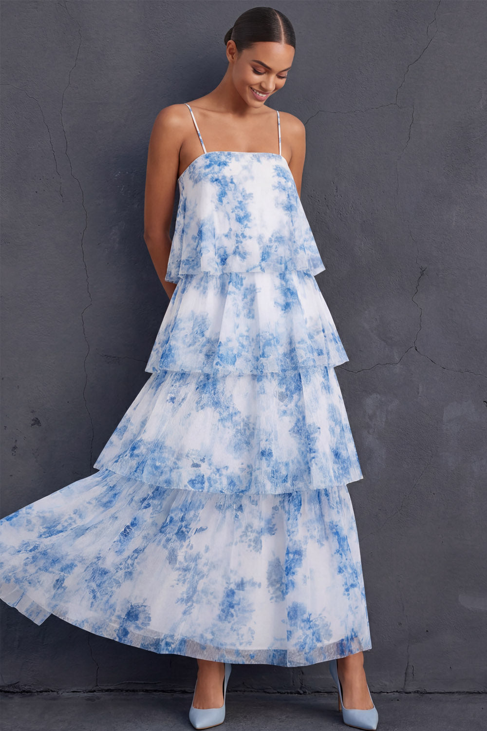 White Blue Floral Tiered Ruffled Spaghetti Straps Sleeveless Long Wedding Guest Dress