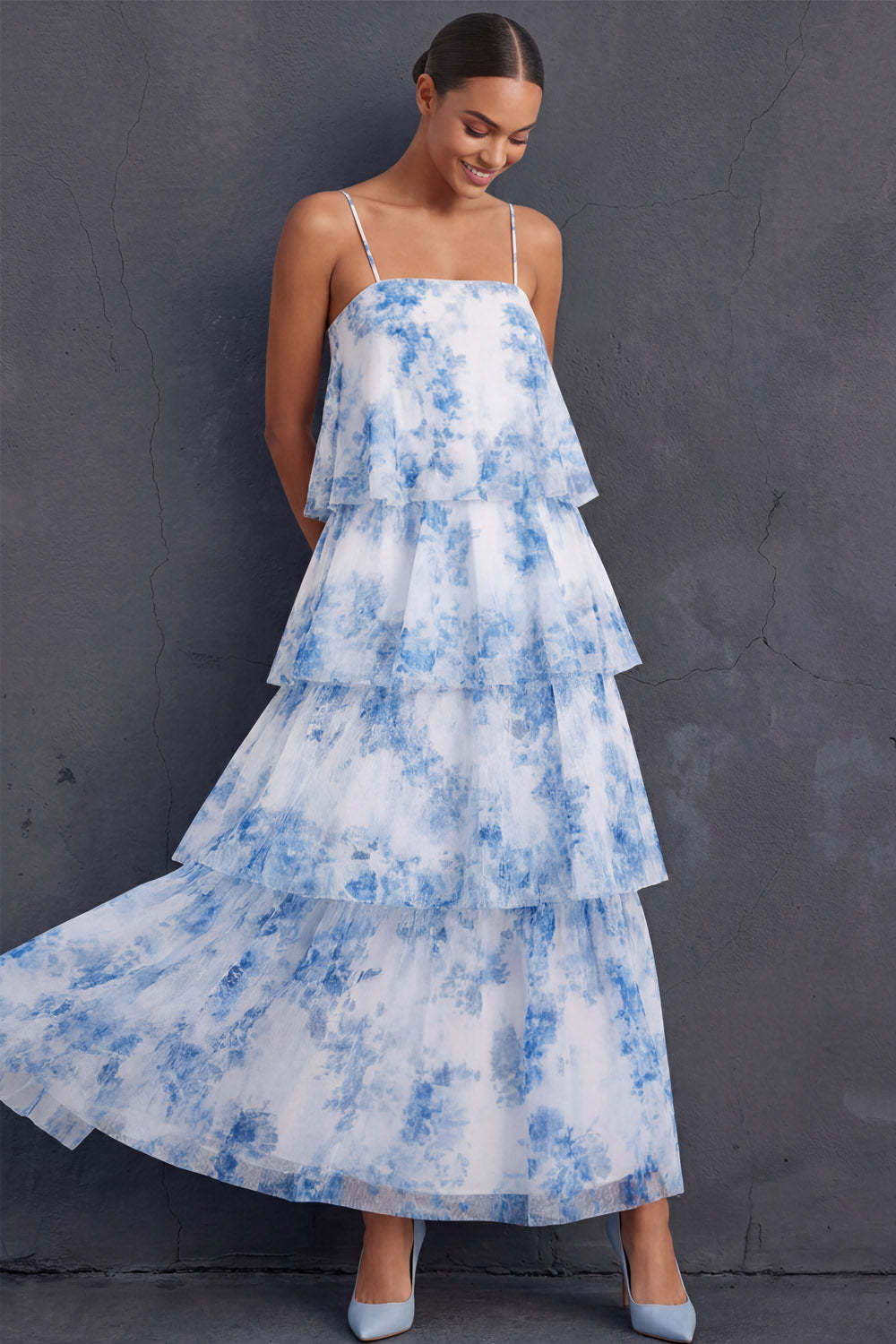 White Blue Floral Tiered Ruffled Spaghetti Straps Sleeveless Long Wedding Guest Dress