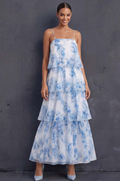 White Blue Floral Tiered Ruffled Spaghetti Straps Sleeveless Long Wedding Guest Dress