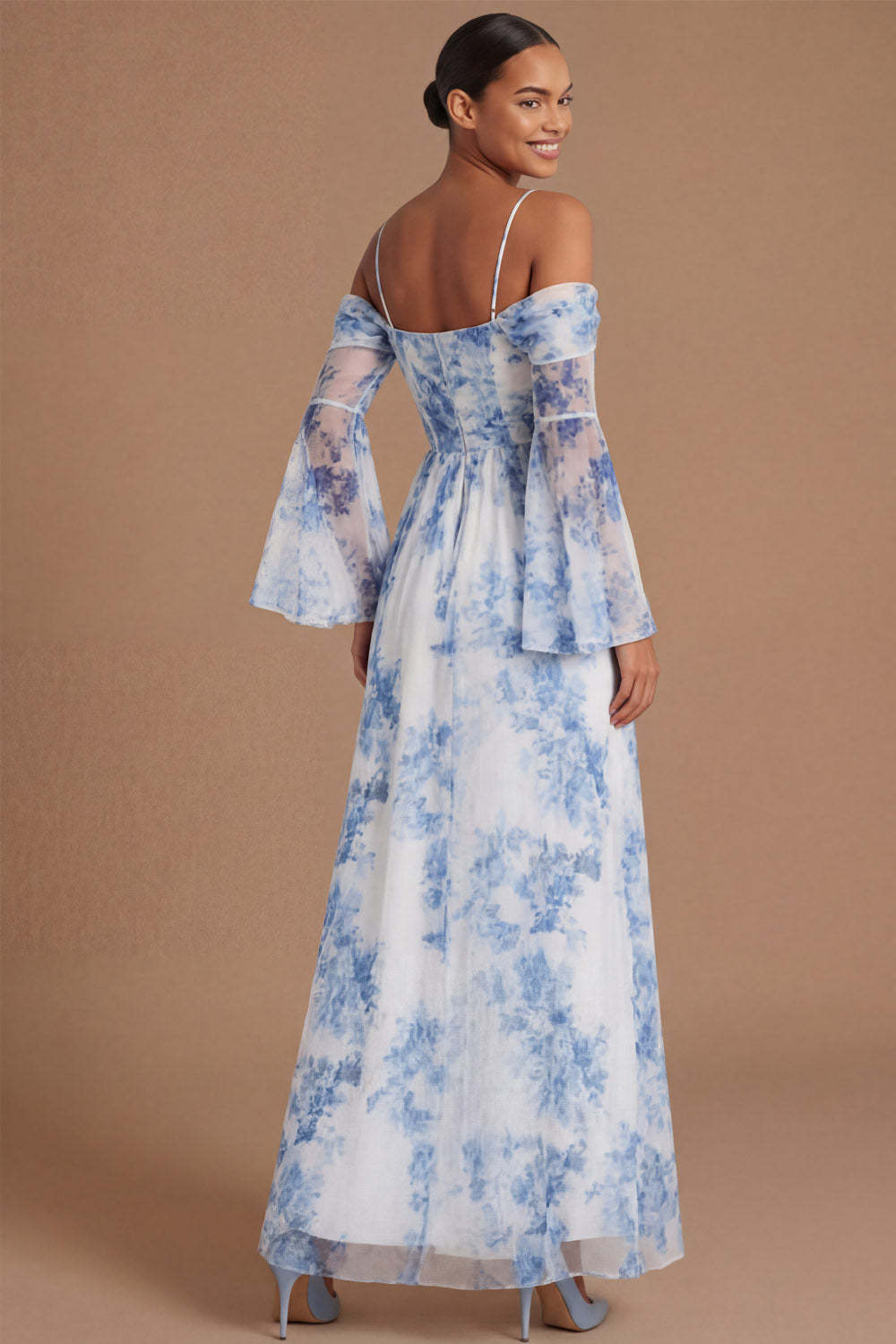 A Line White Blue Floral Cold Shoulder Corset Long Wedding Guest Dress