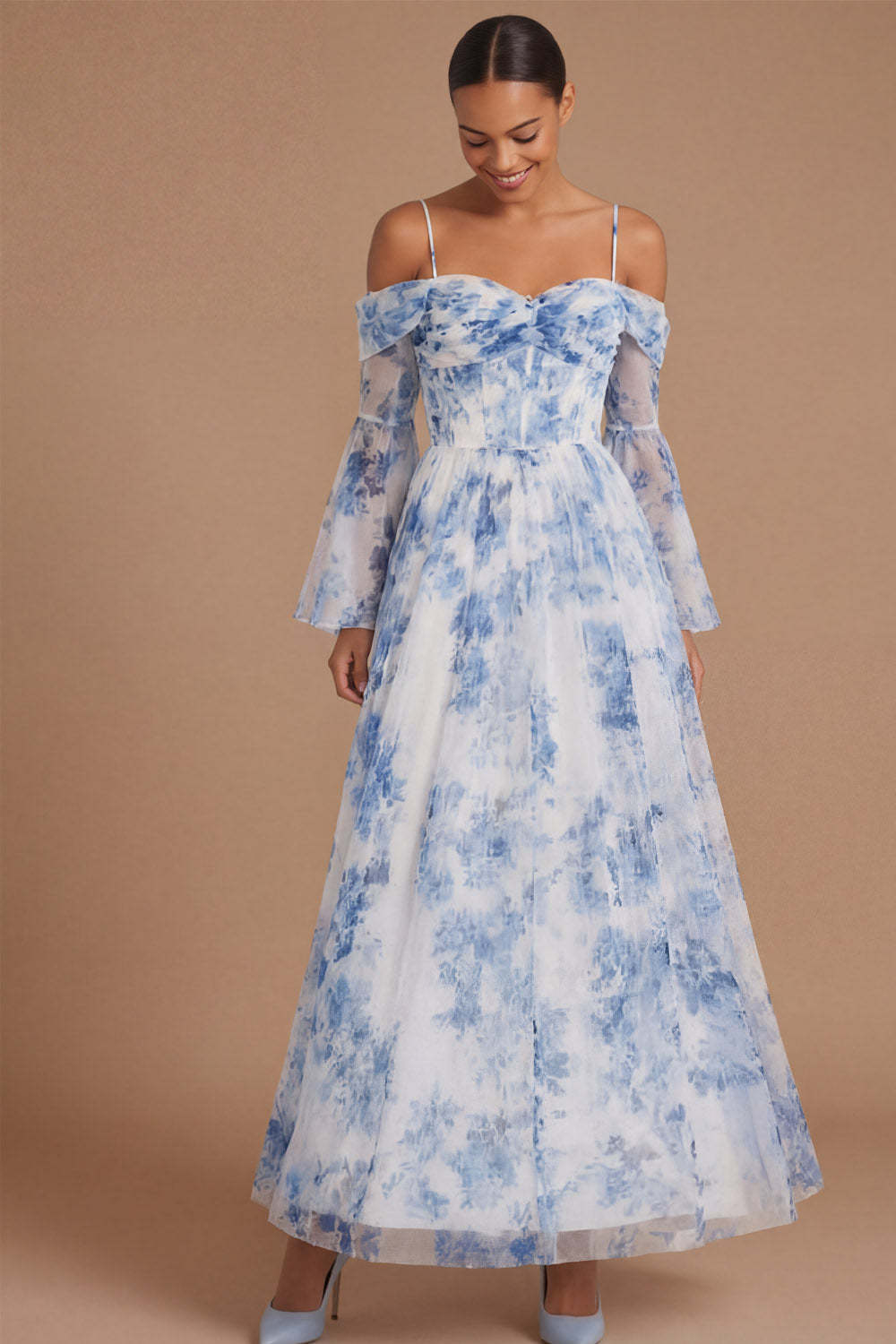 A Line White Blue Floral Cold Shoulder Corset Long Wedding Guest Dress