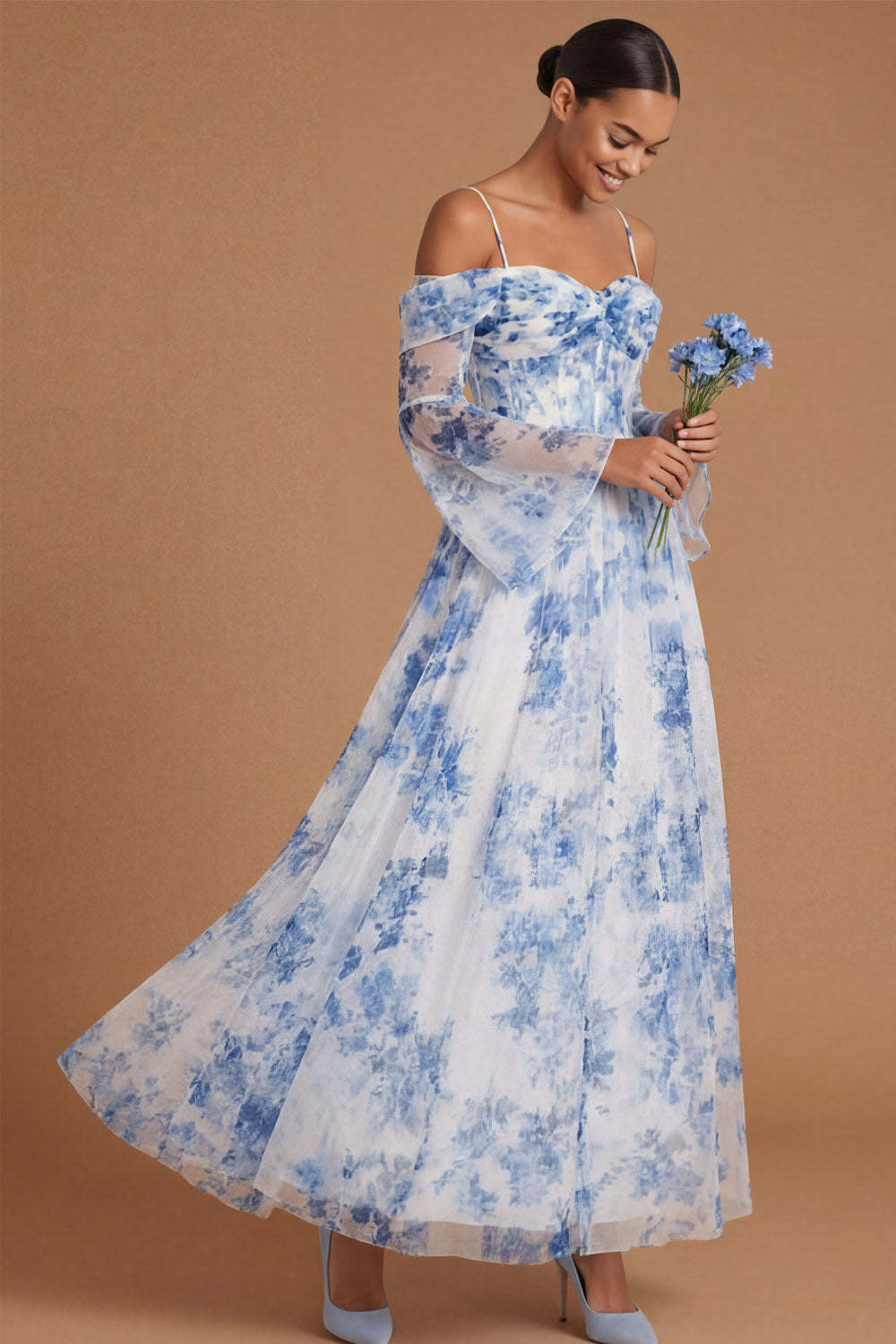 A Line White Blue Floral Cold Shoulder Corset Long Wedding Guest Dress