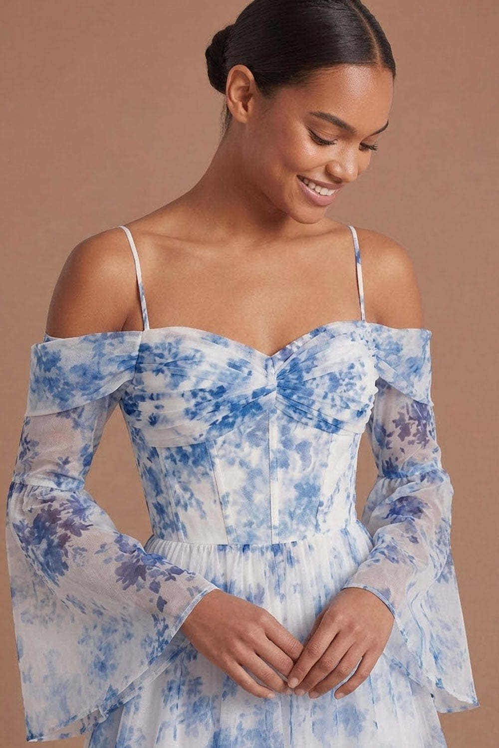 A Line White Blue Floral Cold Shoulder Corset Long Wedding Guest Dress